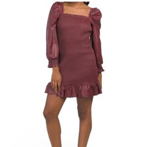 7 For All Mankind Faux Leather Smocked Burgundy Ruffle Long Sleeve Dress. 201-B